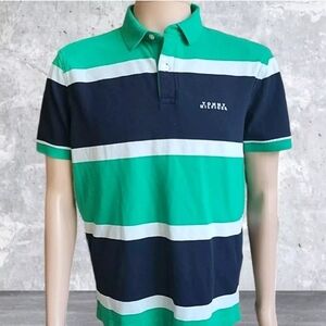 Tommy Hilfiger Polo Shirt Men L Green Black Striped Golf Classic Logo Spellout